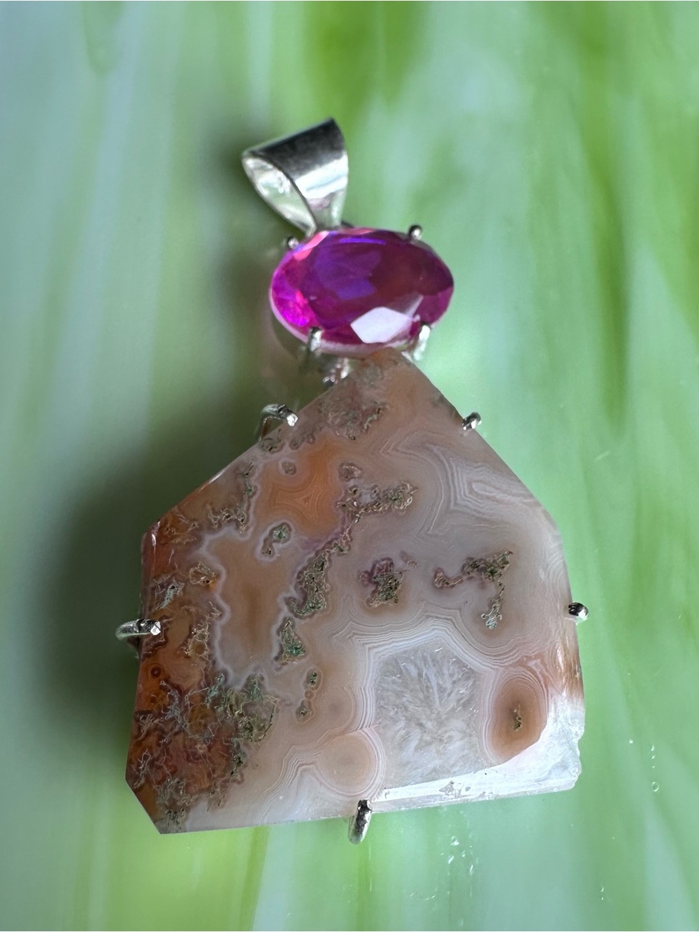 Artisan Beige-Brown Oriental “ORKA” Agate Pendant with Fuchsia Crystal